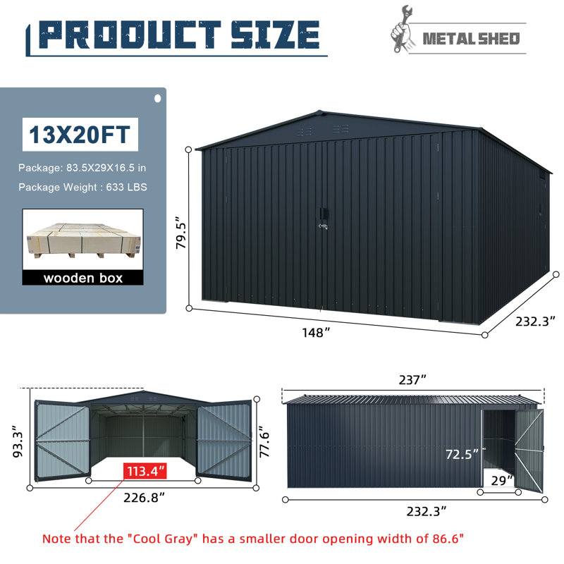 Chery Industrial 13 ft. W X 20 ft. D Metal Storage Shed Garage